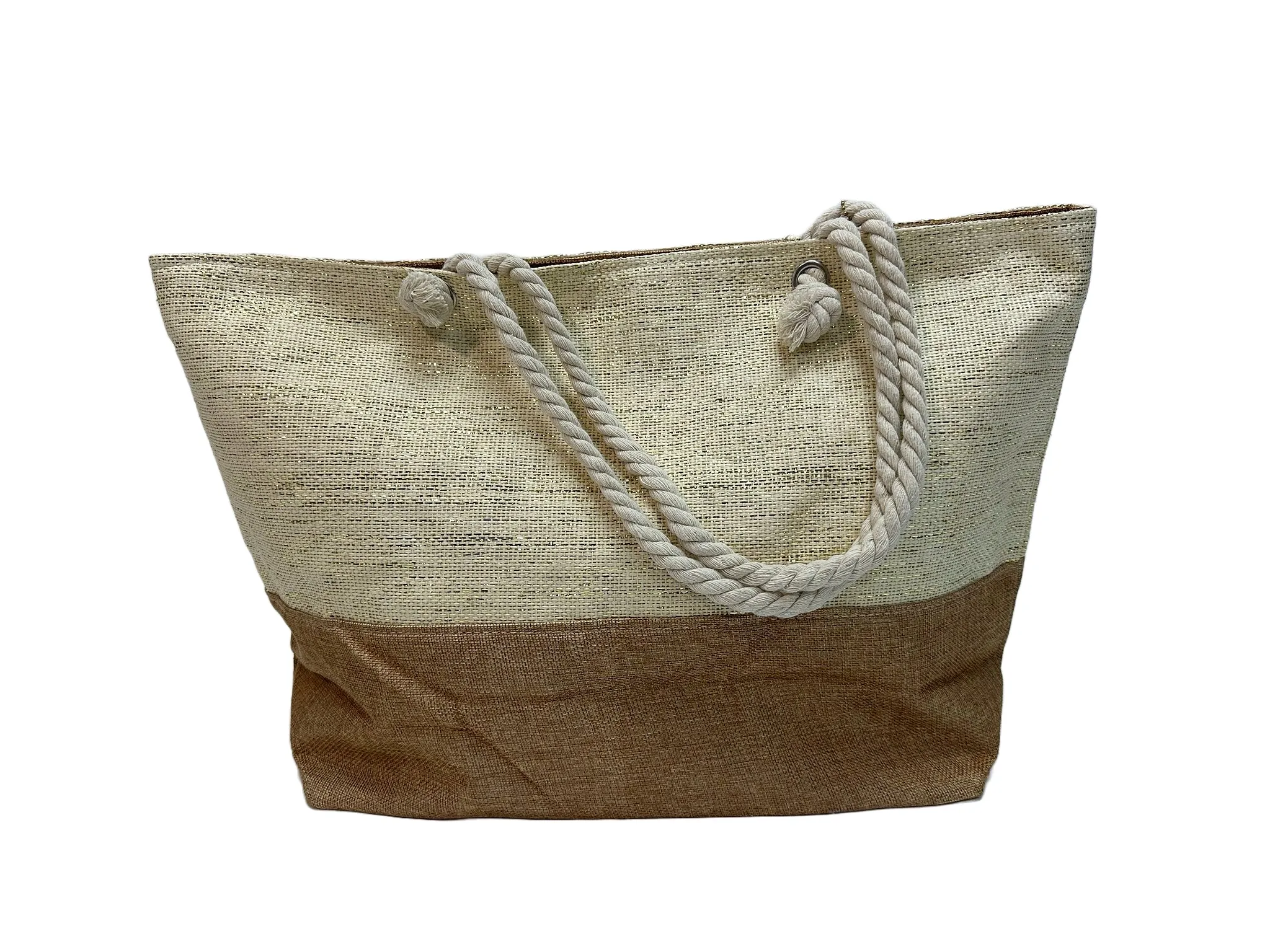Two-Tone Burlap Tote Bag with Rope Handles - B306