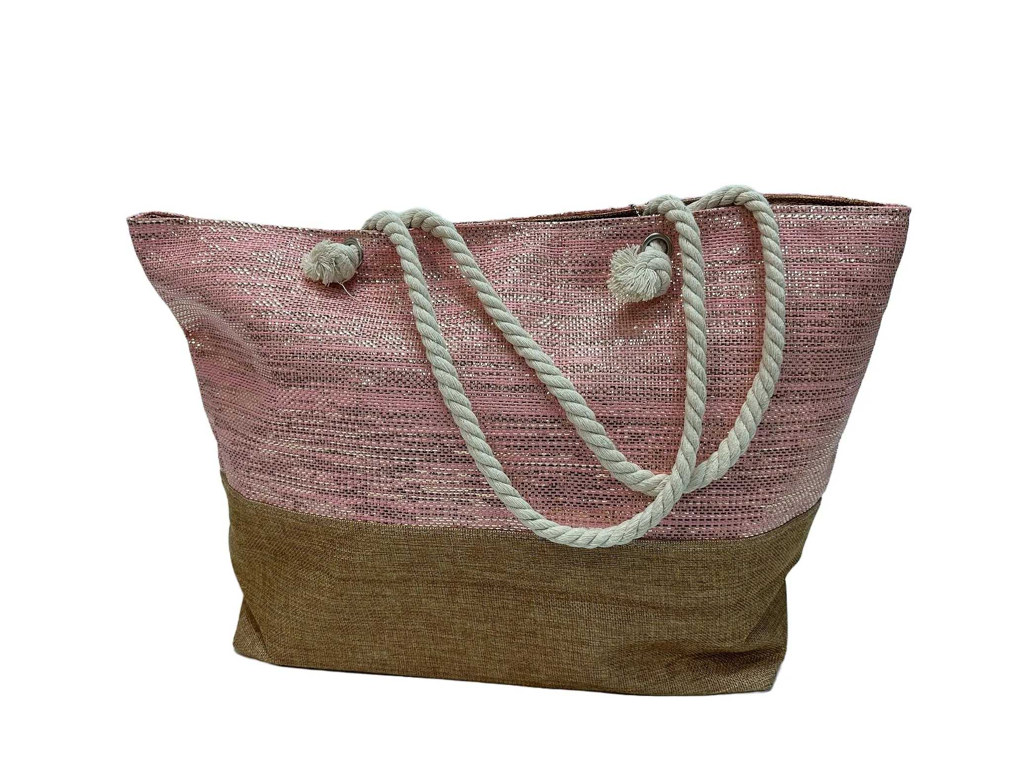 Two-Tone Burlap Tote Bag with Rope Handles - B306