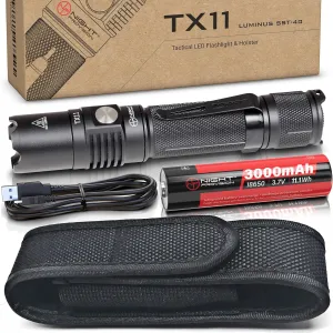 TX11 Tactical Flashlight with Duty Belt Holster & USB-C Rechargeable Battery Luminus 1600 Lumens LED for Police Security Military Grade Brightest Tac Flashlights