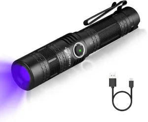 ULTRAFIRE 365nm UV Flashlight Uniform UV Light, Rechargeable LED Blacklight, Professional Ultraviolet Torch for Forensic Blood Trail Tracing, Industrial NDT, Mineral Hunting, Fluorescence Analysis