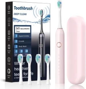 Ultrasonic Electric Toothbrush Rechargeable 6 Cleaning Settings with 4 Soft Brush Heads Travel Case IPX7 Waterproof for Adults and Kids Travel, Camping, Gift (Pink)
