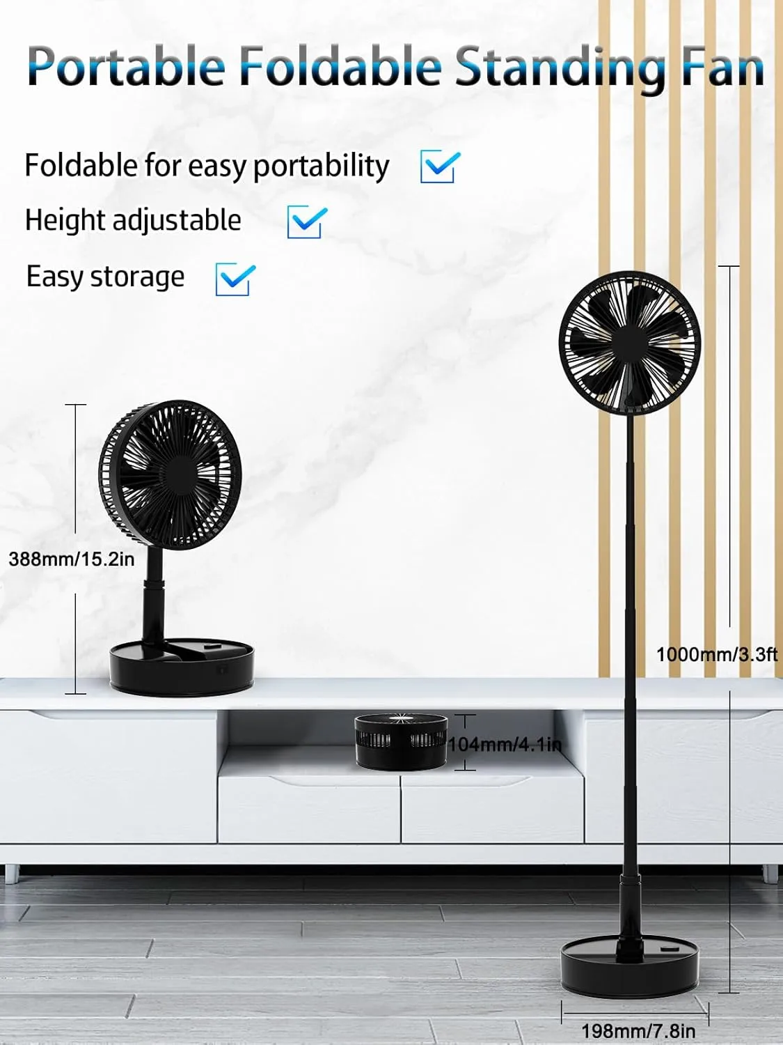 UN UNITEDTIME Foldable Fan Foldaway with Remote Control, 7200mAh Rechargeable Battery Powered Pedestal Fan for Camping, 4 Speed, Timer, Portable Table for Travel, Outdoor, Home (Black)