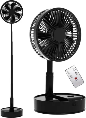 UN UNITEDTIME Foldable Fan Foldaway with Remote Control, 7200mAh Rechargeable Battery Powered Pedestal Fan for Camping, 4 Speed, Timer, Portable Table for Travel, Outdoor, Home (Black)