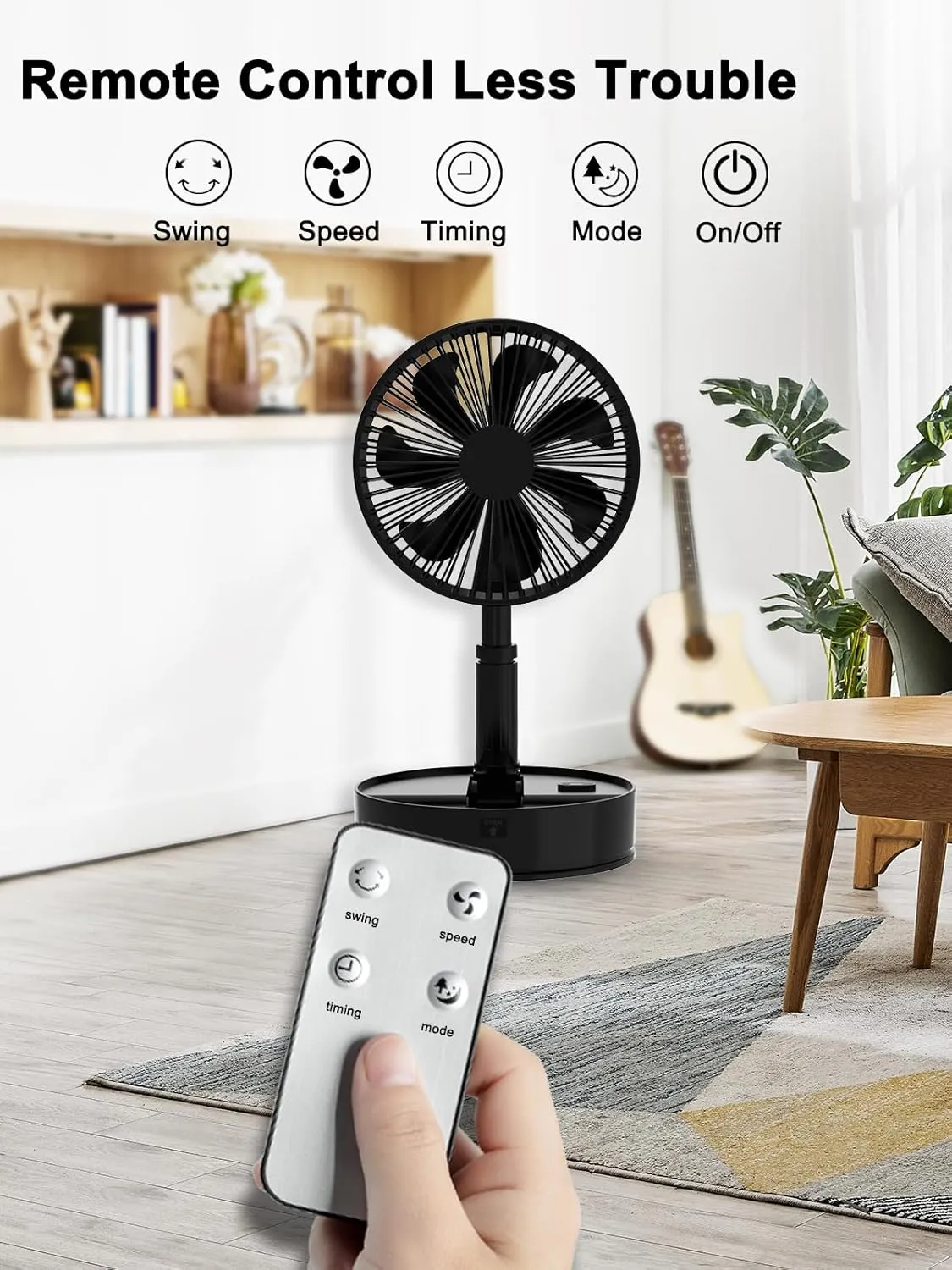 UN UNITEDTIME Foldable Fan Foldaway with Remote Control, 7200mAh Rechargeable Battery Powered Pedestal Fan for Camping, 4 Speed, Timer, Portable Table for Travel, Outdoor, Home (Black)