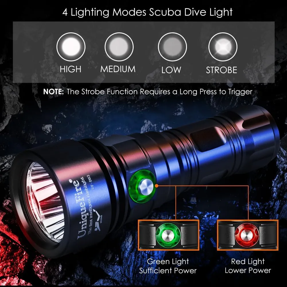 UniqueFire D03 Scuba Dive Light Rechargeable IPX8 Waterproof, 1500 Lumens Super Bright Underwater Diving Flashlight 4 Modes Night Dive Torch 100 Meters Submersible Light
