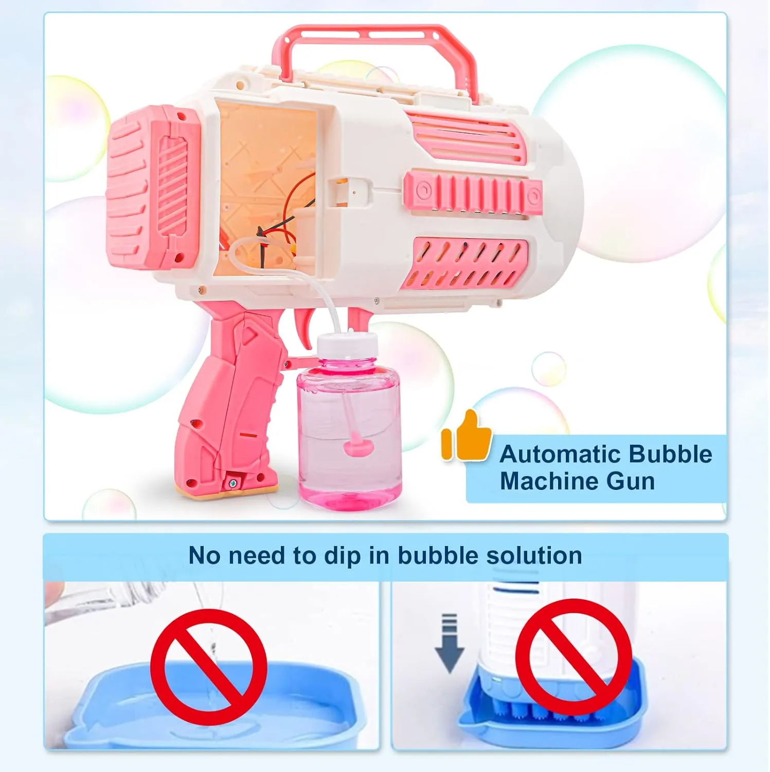Upgraded Bazooka Bubble Gun, No Dip Bubble Machine Gun with Light，9000  Bubbles Per Min Bubbles for Kids and Toddlers Outdoor Toys, Birthday for Girls-Pink