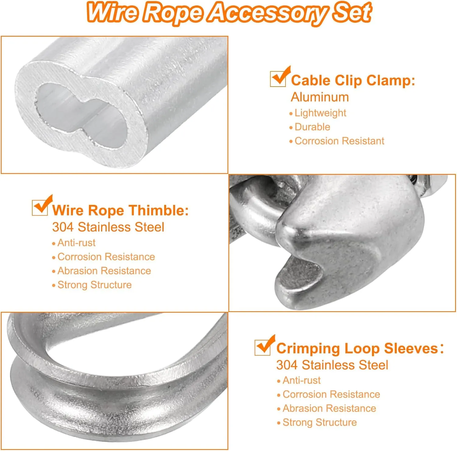 uxcell M8 Wire Rope Accessory Set for 5/16" Dia Wire Rope, 12Pcs Wire Rope Cable Clip Clamp, 6Pcs Thimble Rigging, 6Pcs Aluminum Crimping Loop Sleeve
