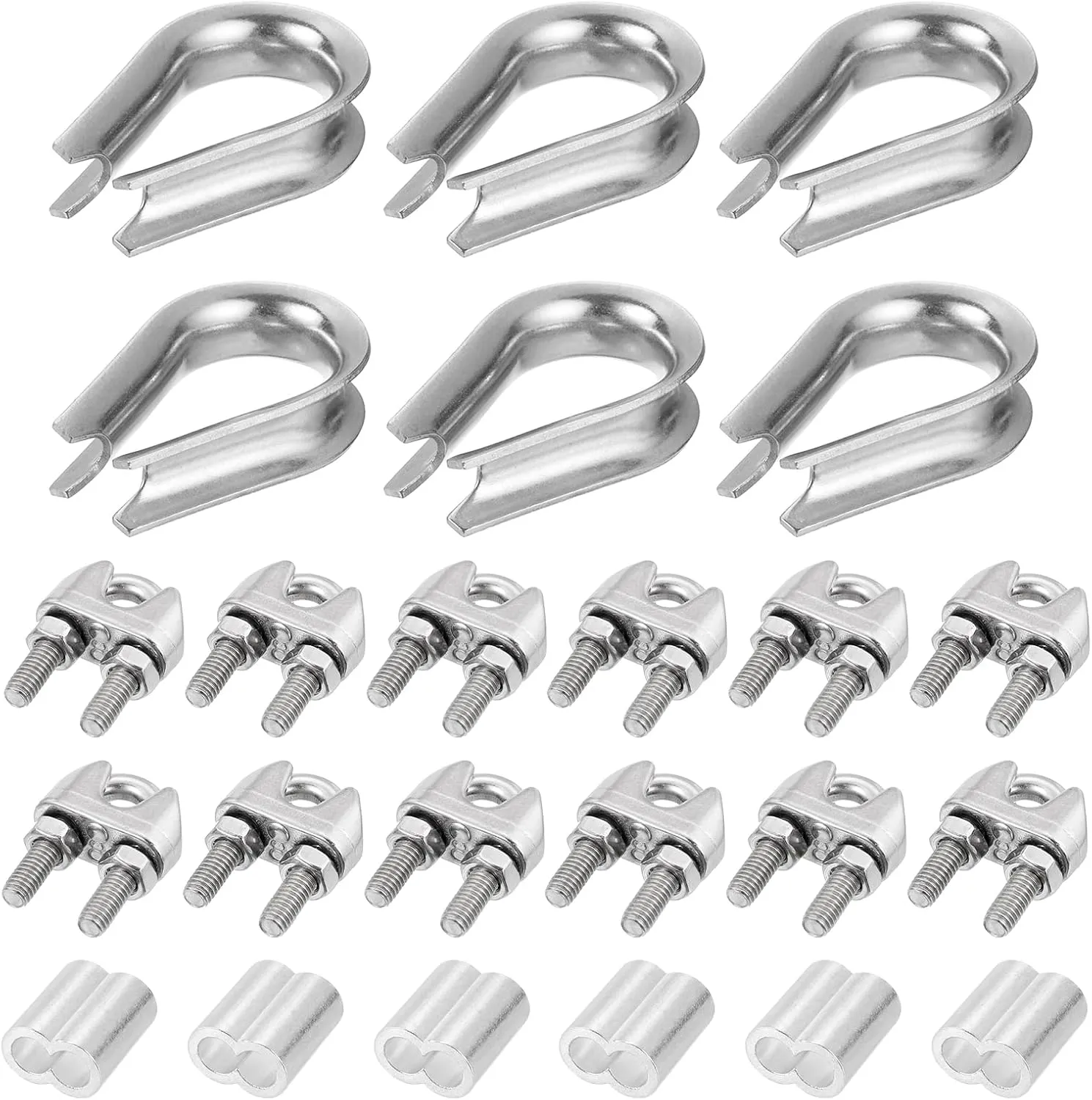 uxcell M8 Wire Rope Accessory Set for 5/16" Dia Wire Rope, 12Pcs Wire Rope Cable Clip Clamp, 6Pcs Thimble Rigging, 6Pcs Aluminum Crimping Loop Sleeve