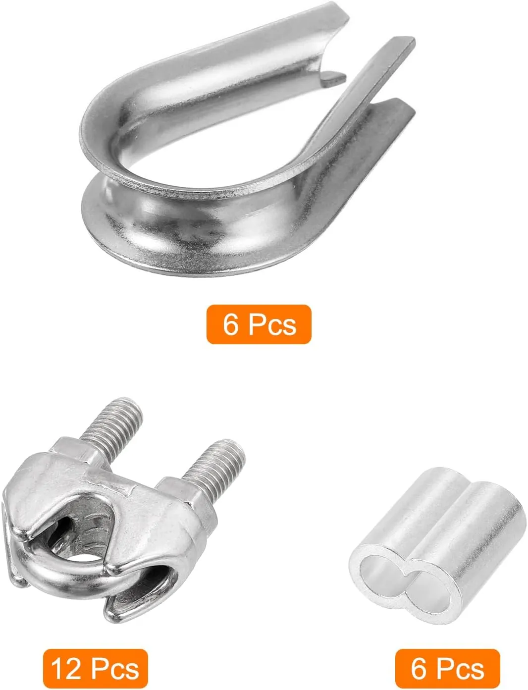 uxcell M8 Wire Rope Accessory Set for 5/16" Dia Wire Rope, 12Pcs Wire Rope Cable Clip Clamp, 6Pcs Thimble Rigging, 6Pcs Aluminum Crimping Loop Sleeve