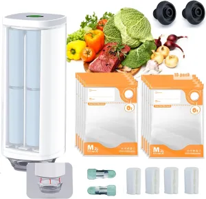 Vacuum Sealer for Food, Handheld Saver Compact Vacuum Sealer Machine with 10 reusable vacuum seal bags, 4 Sealing Clip, 2 Clips for Sous Vide Cooking, 2 vacuum wine stoppers