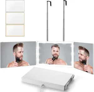 Vanexiss Rechargeable 3 Way Mirror for Hair Cutting, Real Glass Adjustable Trifold Mirror with 3 Color Temps LED Light & Telescoping Hooks for Makeup, Shaving & Styling(White)