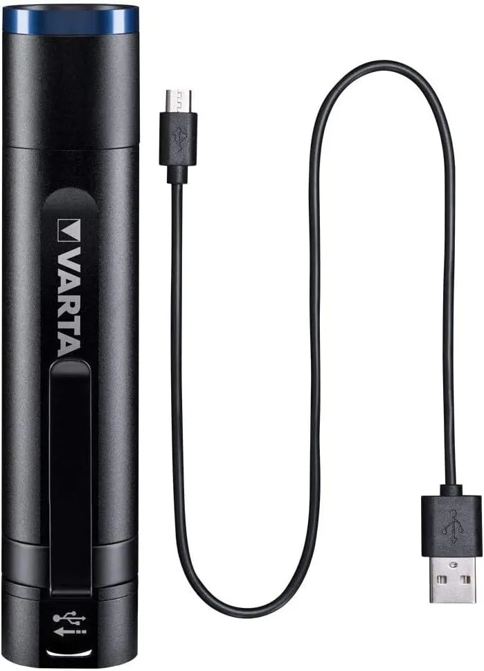 VARTA Torch LED Rechargeable Night Cutter F20R Light, Lamp with Four Light Modes, Includes Micro USB Charging Cable, Splashproof, Small Torch, Black