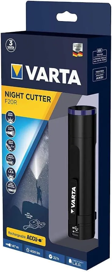 VARTA Torch LED Rechargeable Night Cutter F20R Light, Lamp with Four Light Modes, Includes Micro USB Charging Cable, Splashproof, Small Torch, Black