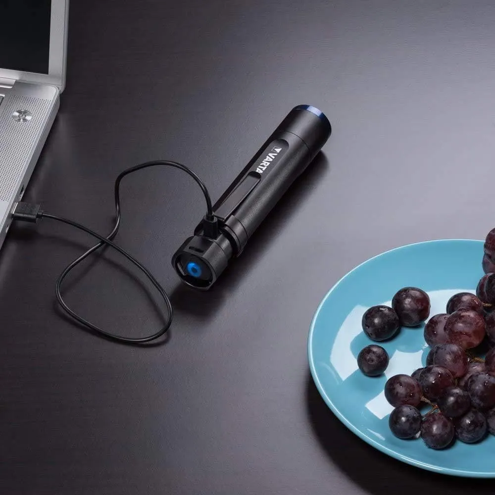 VARTA Torch LED Rechargeable Night Cutter F20R Light, Lamp with Four Light Modes, Includes Micro USB Charging Cable, Splashproof, Small Torch, Black