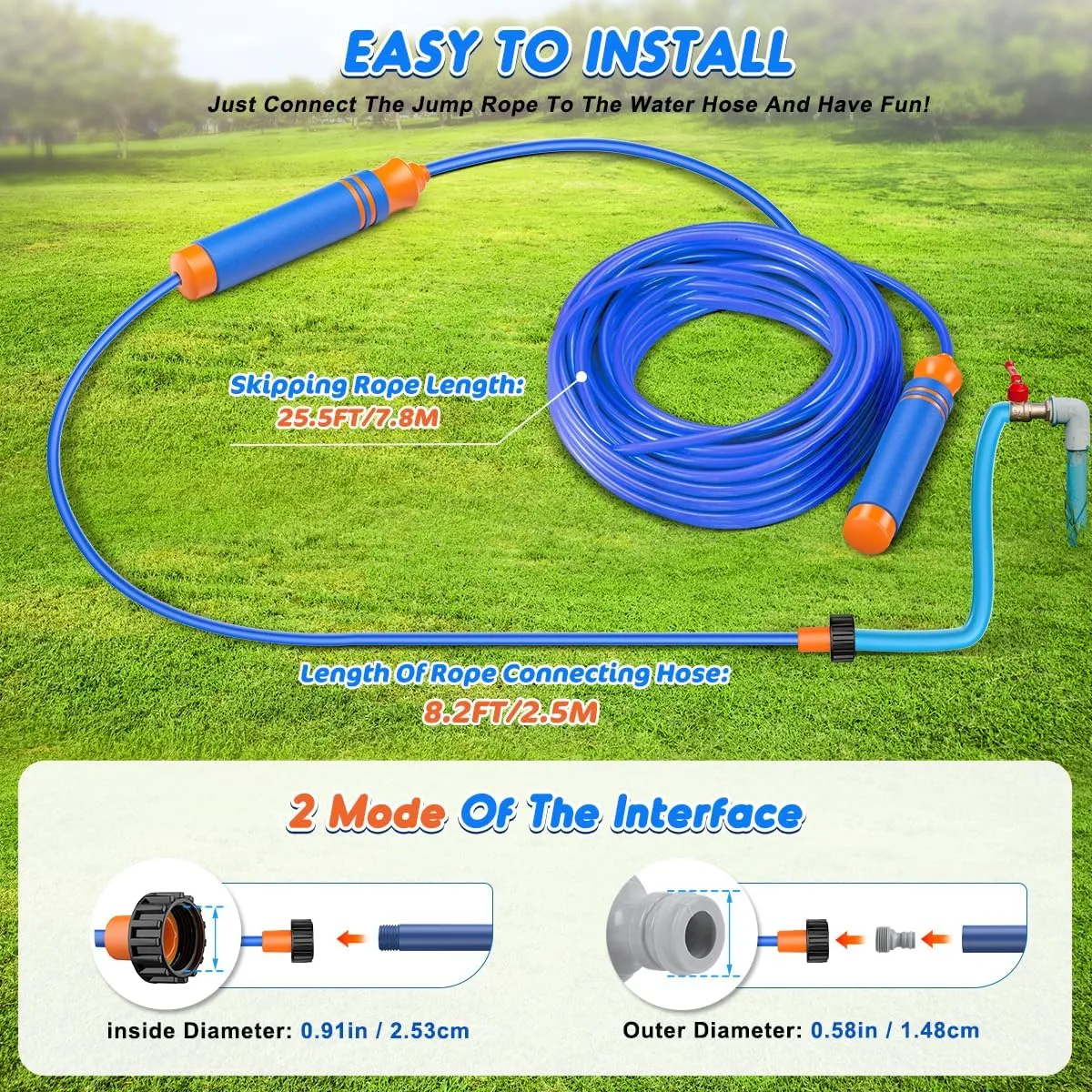 VATOS 2-in-1 Water Sprinkler Outdoor Yard Toy for Kids, 25.5ft Splash Jump Rope Toys 12 Spray Holes, Outside Sprinkler Skipping Rope Team Game for Backyard, Beach, Park & Summer Party Fun