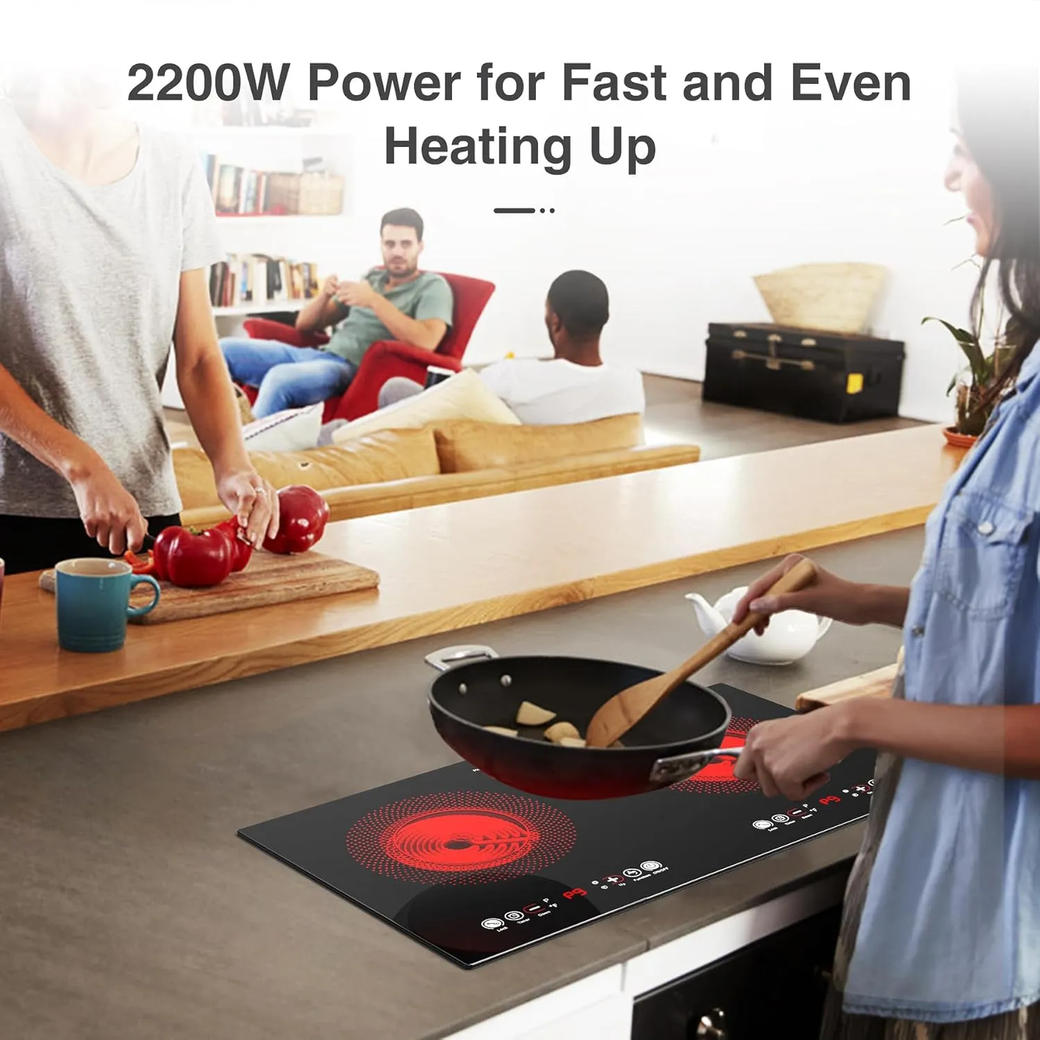 VBGK Electric cooktop,110V 24 inch 2 Burner Electric Cooktop,Built-in and Countertop Stove Top,2200W Stove,9 Power Levels, Kids Lock & Timer,LED touch control,Overheat Protection