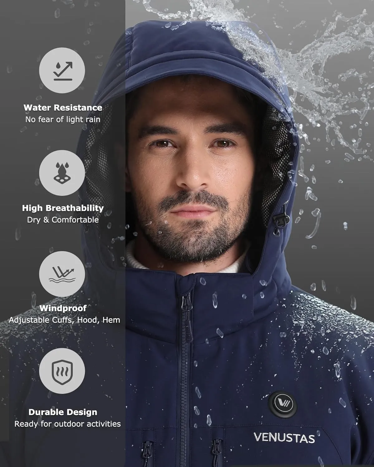 Venustas Heated Jacket for Men, Softshell Electric Heating Utility Coat with 12V Battery, MaxHeat 140°F