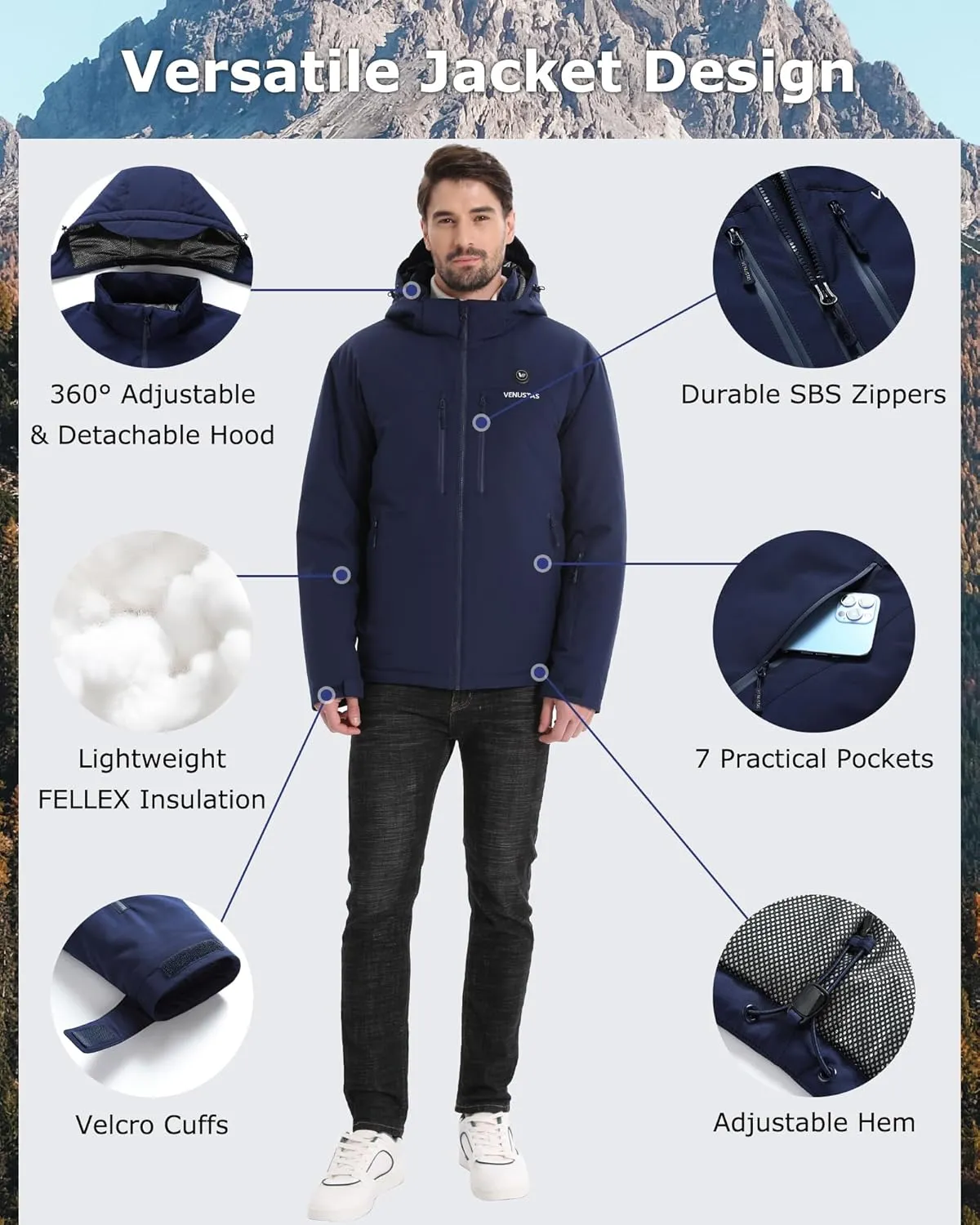 Venustas Heated Jacket for Men, Softshell Electric Heating Utility Coat with 12V Battery, MaxHeat 140°F