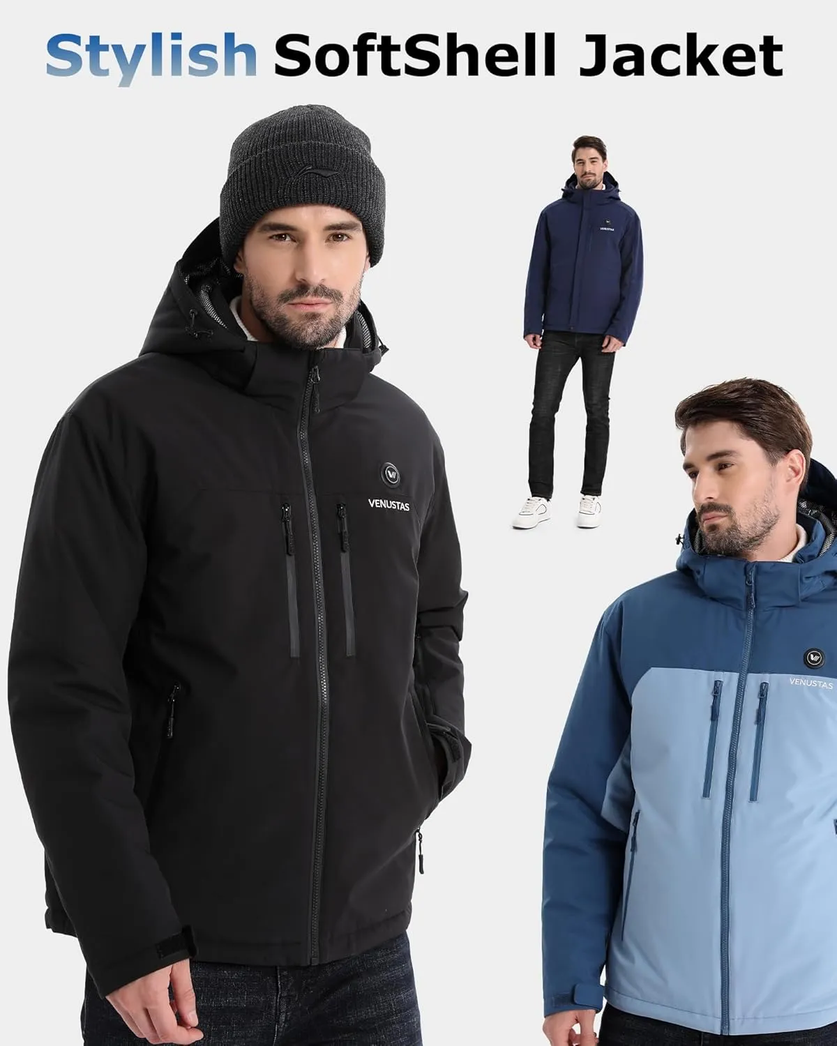 Venustas Heated Jacket for Men, Softshell Electric Heating Utility Coat with 12V Battery, MaxHeat 140°F