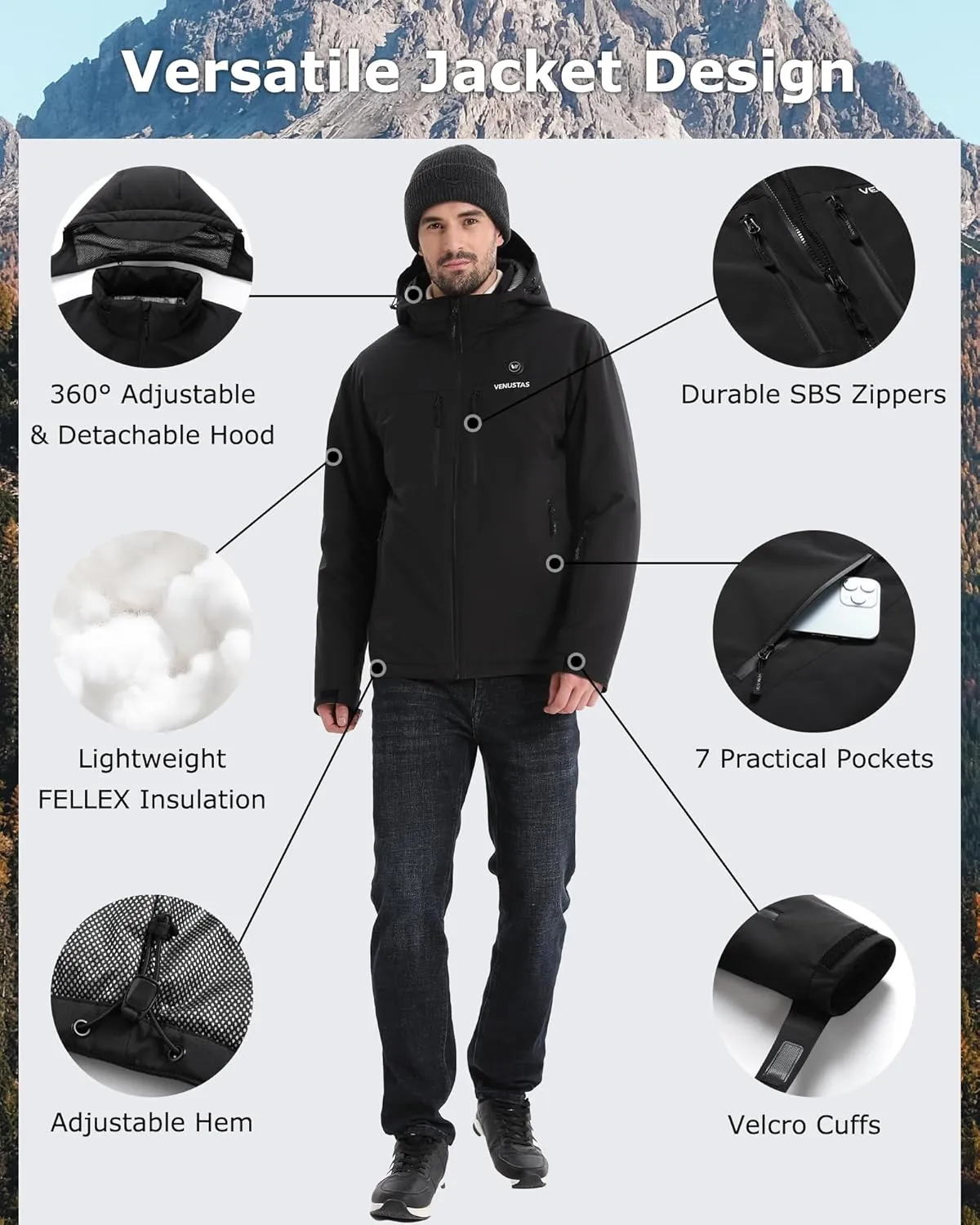 Venustas Heated Jacket for Men, Softshell Electric Heating Utility Coat with 12V Battery, MaxHeat 140°F