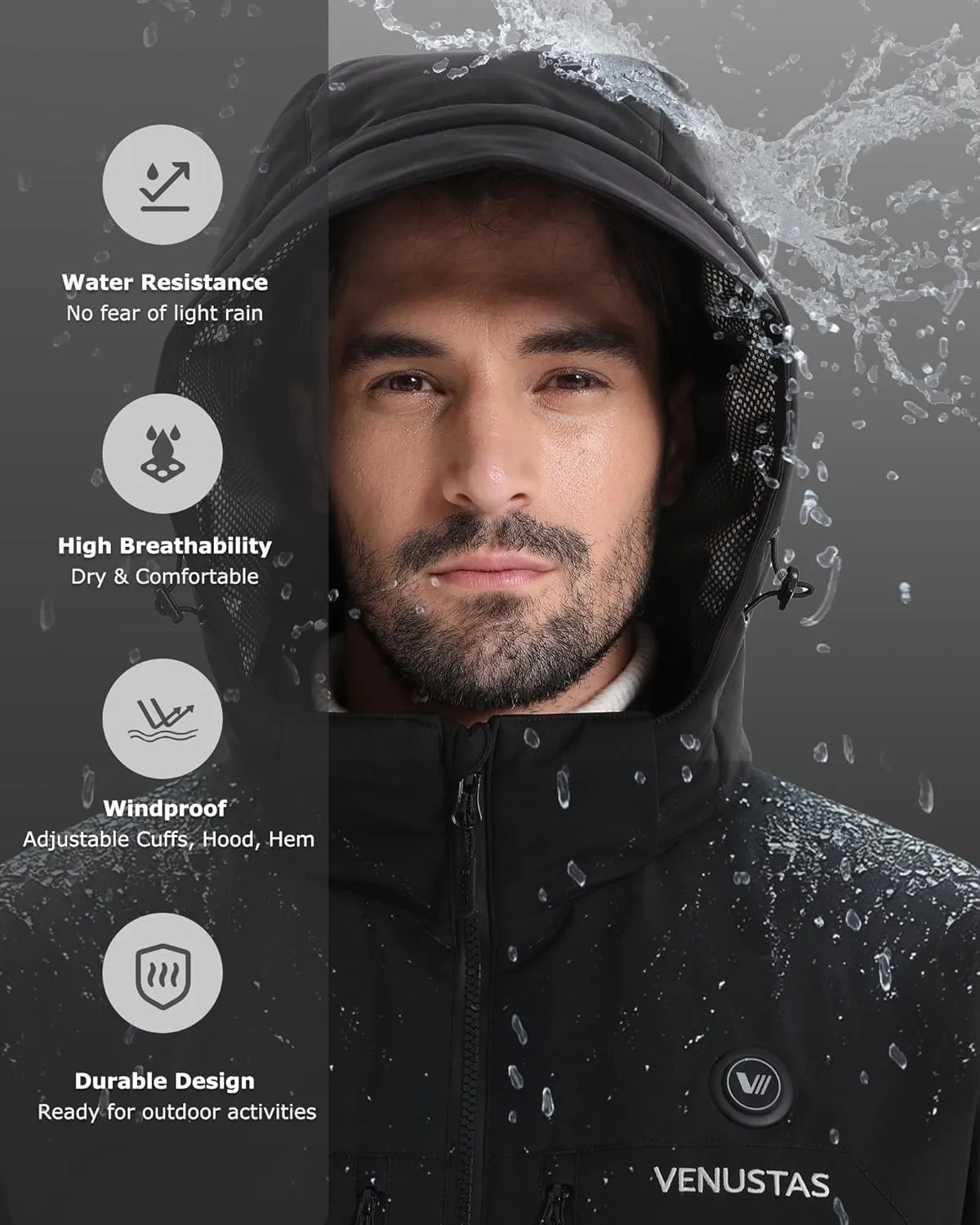Venustas Heated Jacket for Men, Softshell Electric Heating Utility Coat with 12V Battery, MaxHeat 140°F