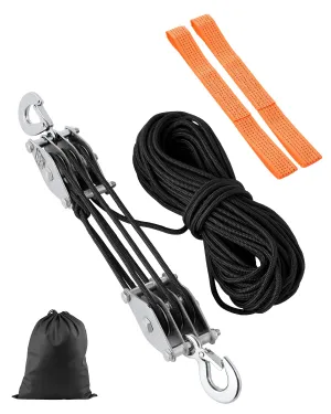 VEVOR 4400 lbs Breaking Strength 100 FT Rope Pulley Hoist, 5:1 Lifting Power Heavy Duty Pulley System with 2pcs Soft Loops, Metal Wheels Bearing Structure, Block and Tackle for Lifting Heavy Objects