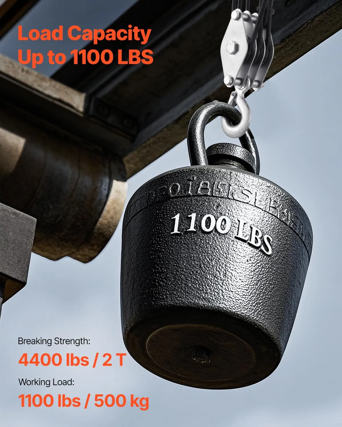 VEVOR 4400 lbs Breaking Strength 100 FT Rope Pulley Hoist, 5:1 Lifting Power Heavy Duty Pulley System with 2pcs Soft Loops, Metal Wheels Bearing Structure, Block and Tackle for Lifting Heavy Objects