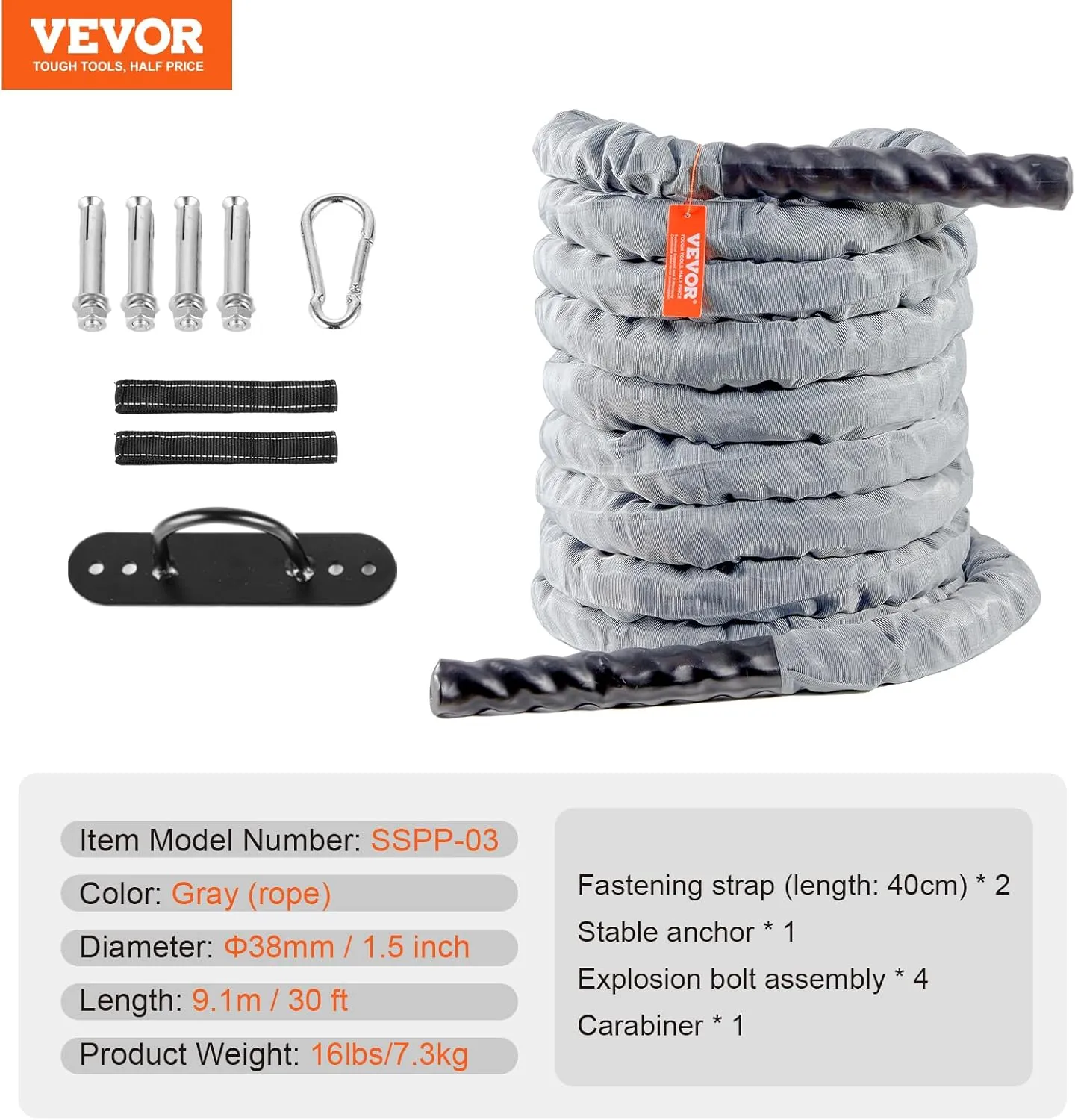 VEVOR Battle Rope, 1.5 Inch Diameter 30Ft Length Polyester Exercise Rope, Battle Exercise Equipment with Protect Sleeve & Anchor, Heavy Weighted Rope for Home Gym Workout Core Strength Training, Gray