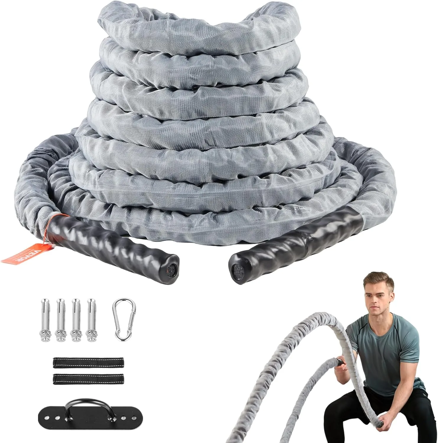 VEVOR Battle Rope, 1.5 Inch Diameter 30Ft Length Polyester Exercise Rope, Battle Exercise Equipment with Protect Sleeve & Anchor, Heavy Weighted Rope for Home Gym Workout Core Strength Training, Gray
