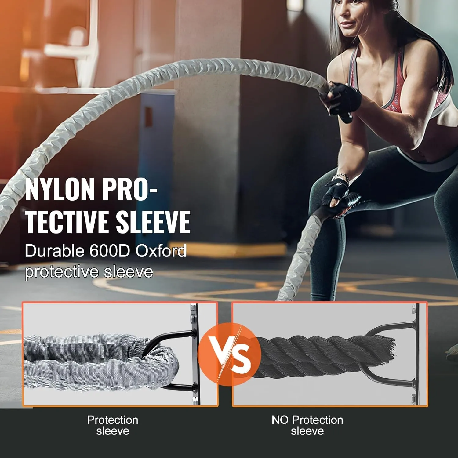 VEVOR Battle Rope, 1.5 Inch Diameter 30Ft Length Polyester Exercise Rope, Battle Exercise Equipment with Protect Sleeve & Anchor, Heavy Weighted Rope for Home Gym Workout Core Strength Training, Gray