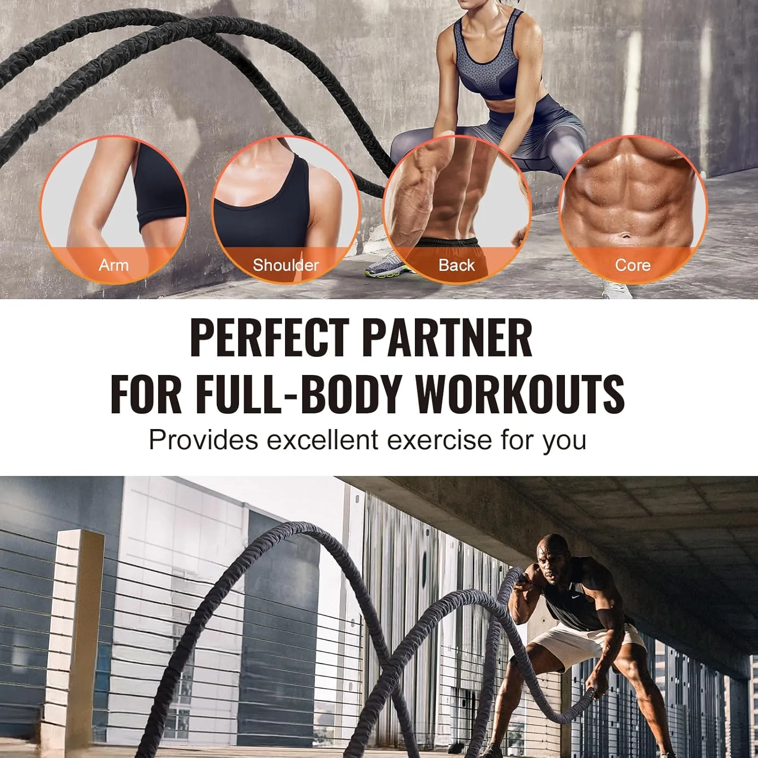 VEVOR Battle Rope, 1.5 Inch Diameter 30Ft Length Polyester Exercise Rope, Battle Exercise Equipment with Protective Sleeve & Anchor, Heavy Weighted Rope for Home Gym Workout Core Strength Training