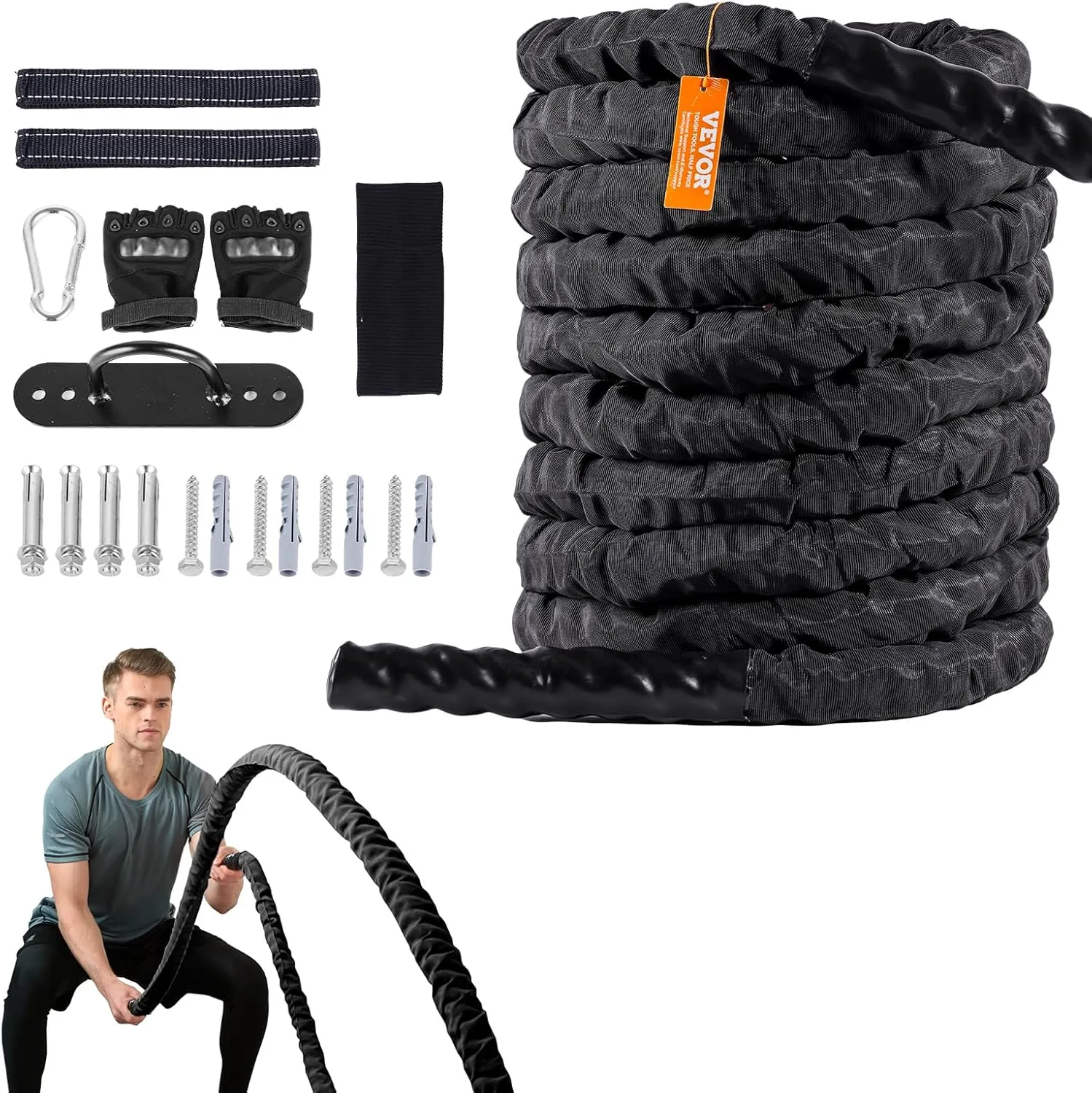 VEVOR Battle Rope, 1.5 Inch Diameter 30Ft Length Polyester Exercise Rope, Battle Exercise Equipment with Protective Sleeve & Anchor, Heavy Weighted Rope for Home Gym Workout Core Strength Training