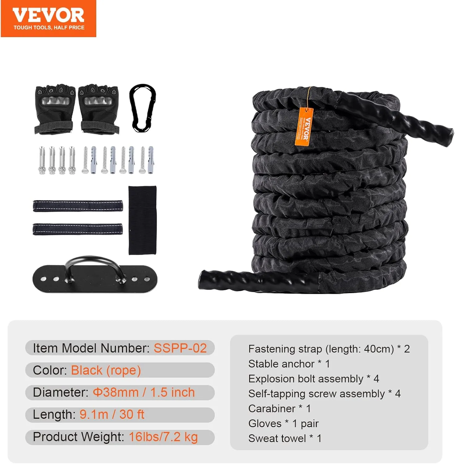 VEVOR Battle Rope, 1.5 Inch Diameter 30Ft Length Polyester Exercise Rope, Battle Exercise Equipment with Protective Sleeve & Anchor, Heavy Weighted Rope for Home Gym Workout Core Strength Training