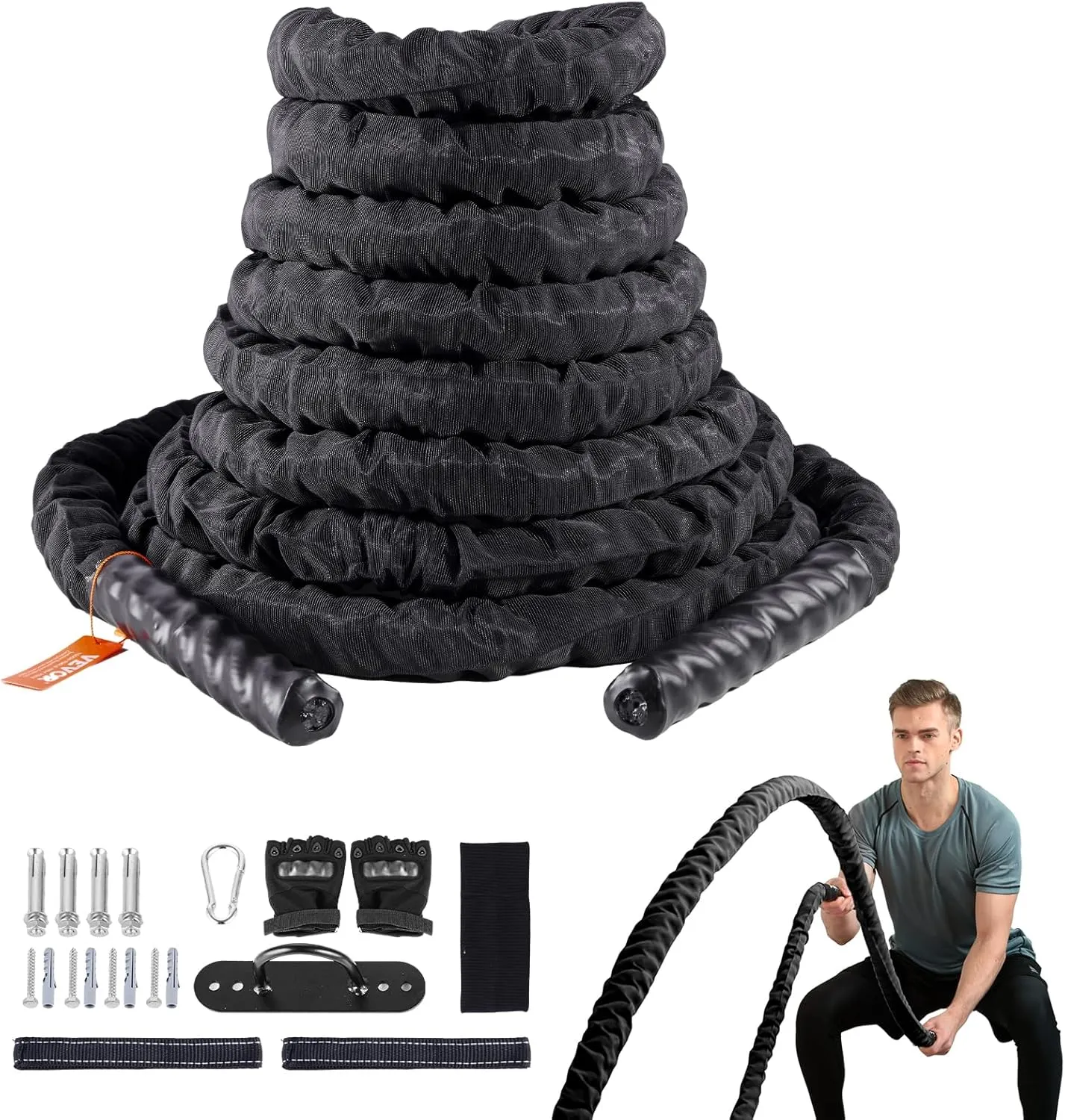 VEVOR Battle Rope, 1.5 Inch Diameter 30Ft Length Polyester Exercise Rope, Battle Exercise Equipment with Protective Sleeve & Anchor, Heavy Weighted Rope for Home Gym Workout Core Strength Training