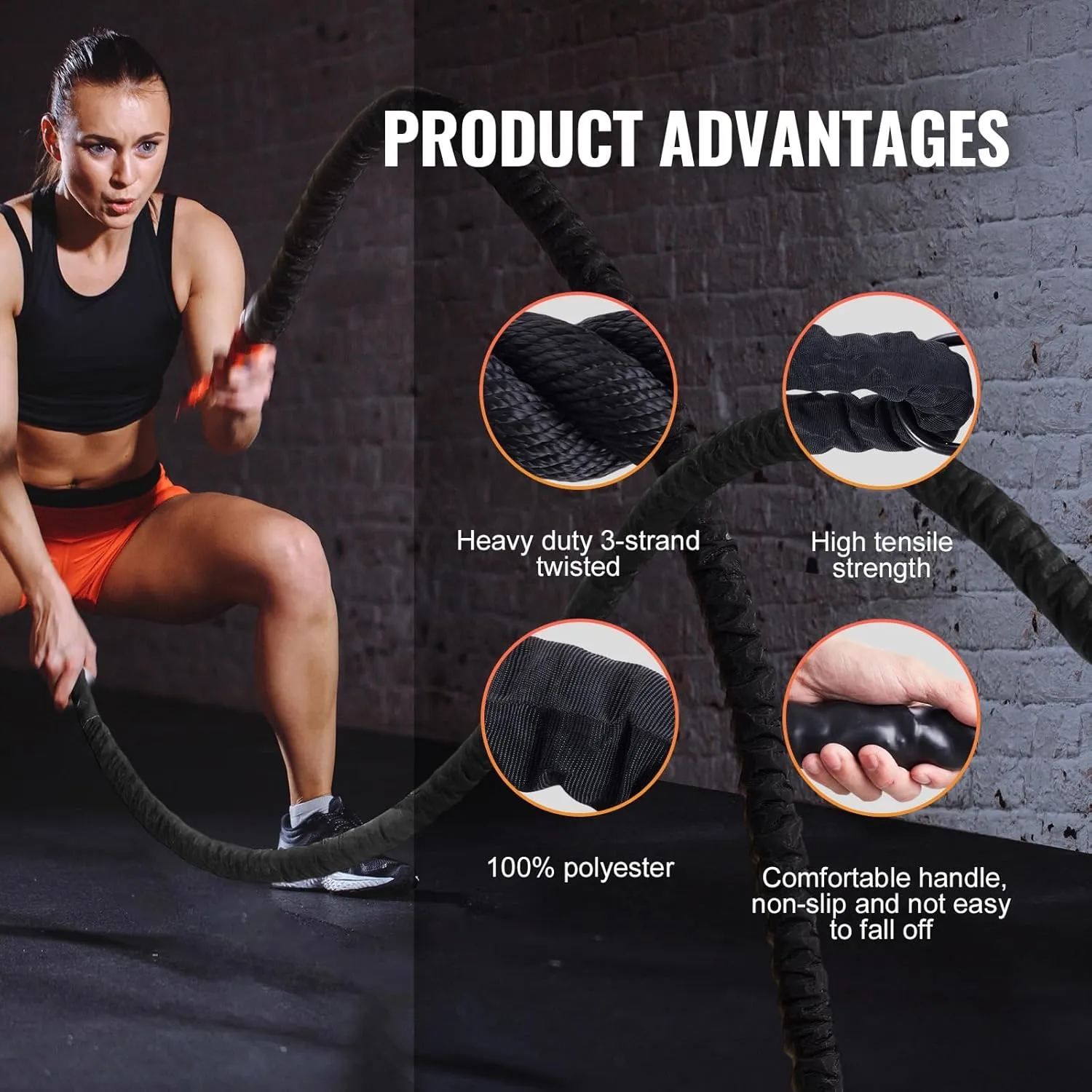 VEVOR Battle Rope, 1.5 Inch Diameter 30Ft Length Polyester Exercise Rope, Battle Exercise Equipment with Protective Sleeve & Anchor, Heavy Weighted Rope for Home Gym Workout Core Strength Training