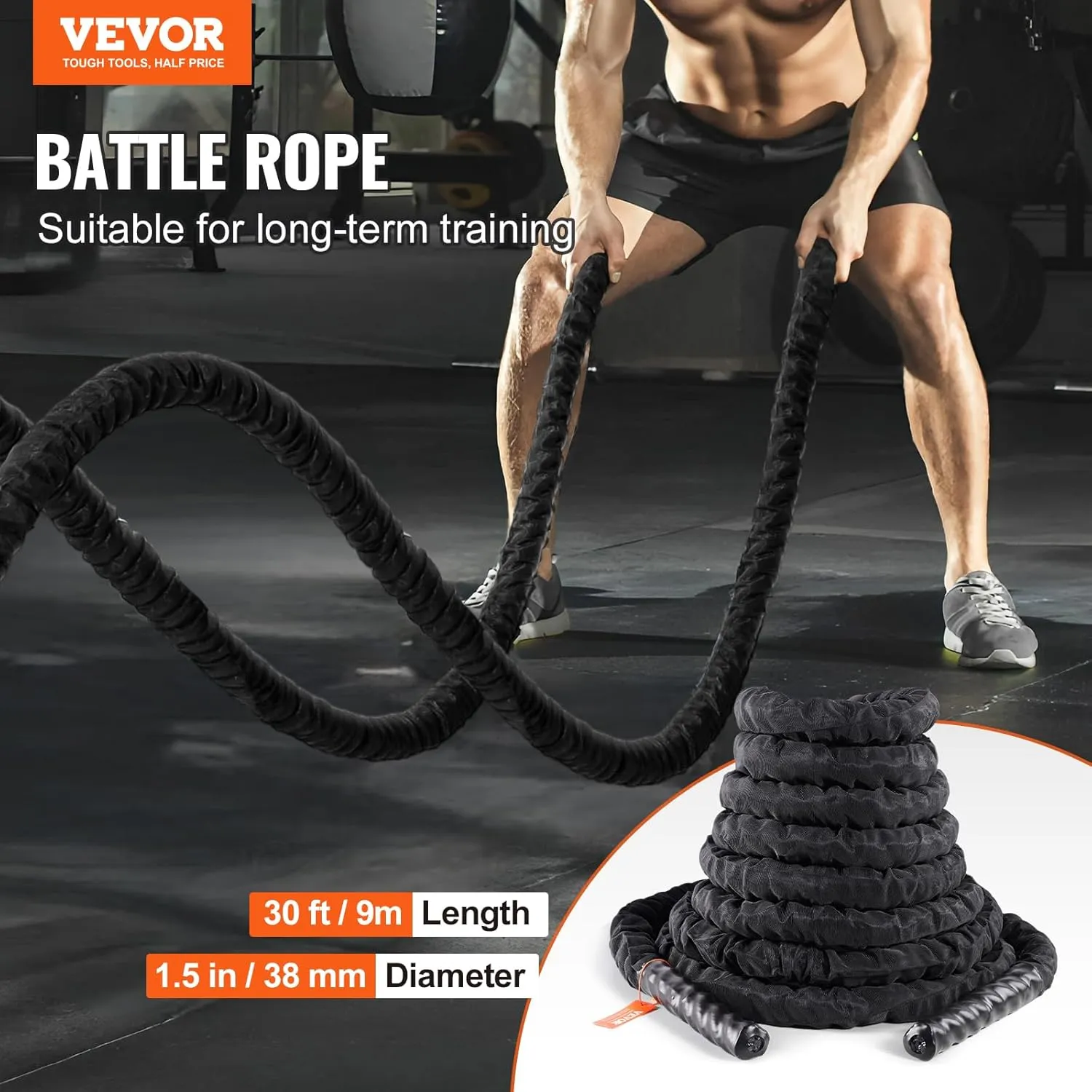 VEVOR Battle Rope, 1.5 Inch Diameter 30Ft Length Polyester Exercise Rope, Battle Exercise Equipment with Protective Sleeve & Anchor, Heavy Weighted Rope for Home Gym Workout Core Strength Training