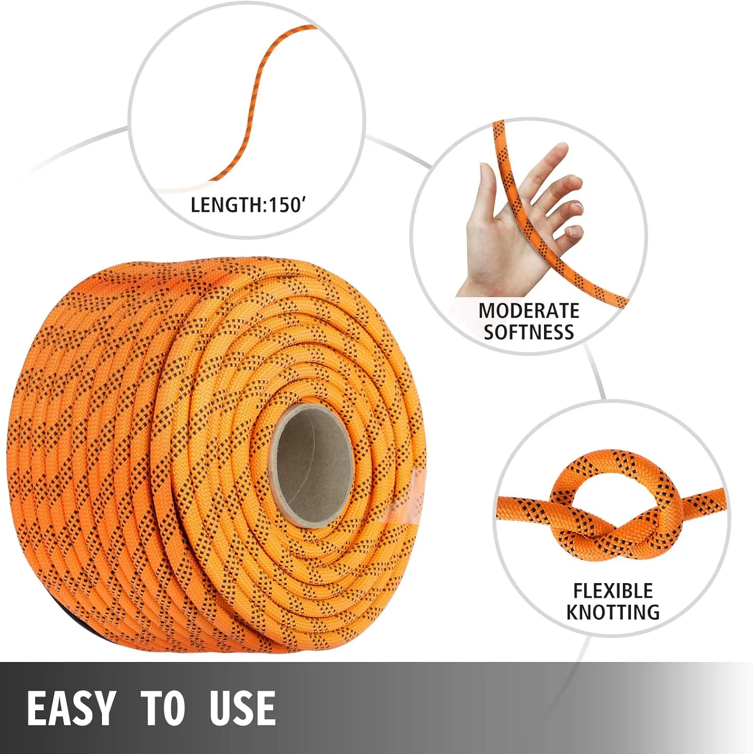VEVOR Double Braid Feet Nylon Pulling 880LB High Force Polyester Load Sailing Rope for Arborist Gardening Marine, 7/16 Inch x 150 FT, Orange