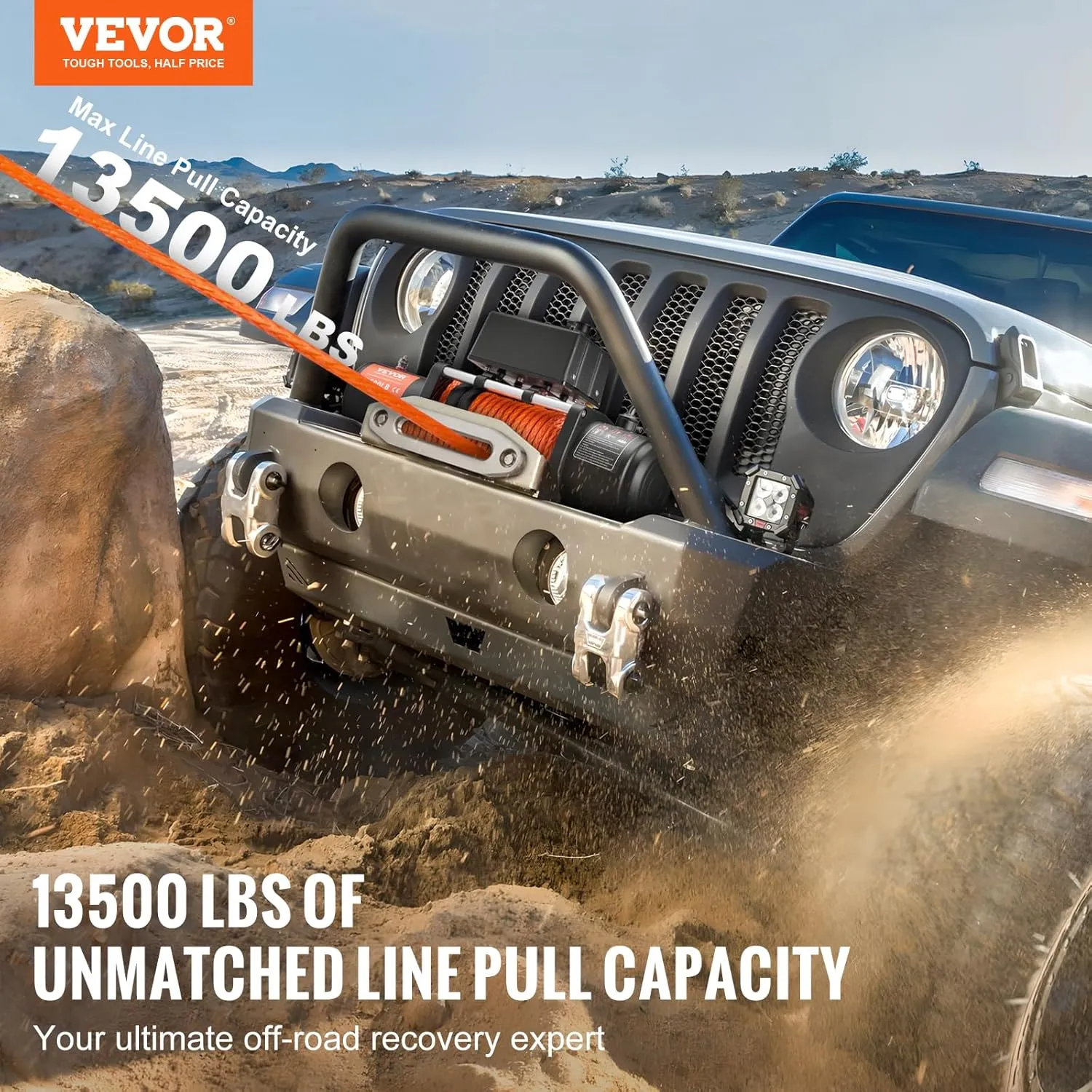 VEVOR Electric Winch, 13,500 lb, 12V DC Truck Winch with Φ3/8 in x 80 ft Synthetic Rope Aluminum Fairlead Wireless & Wired Remote Control, IP55 Waterproof for Towing Off-Road SUV Jeep Trailer Boat