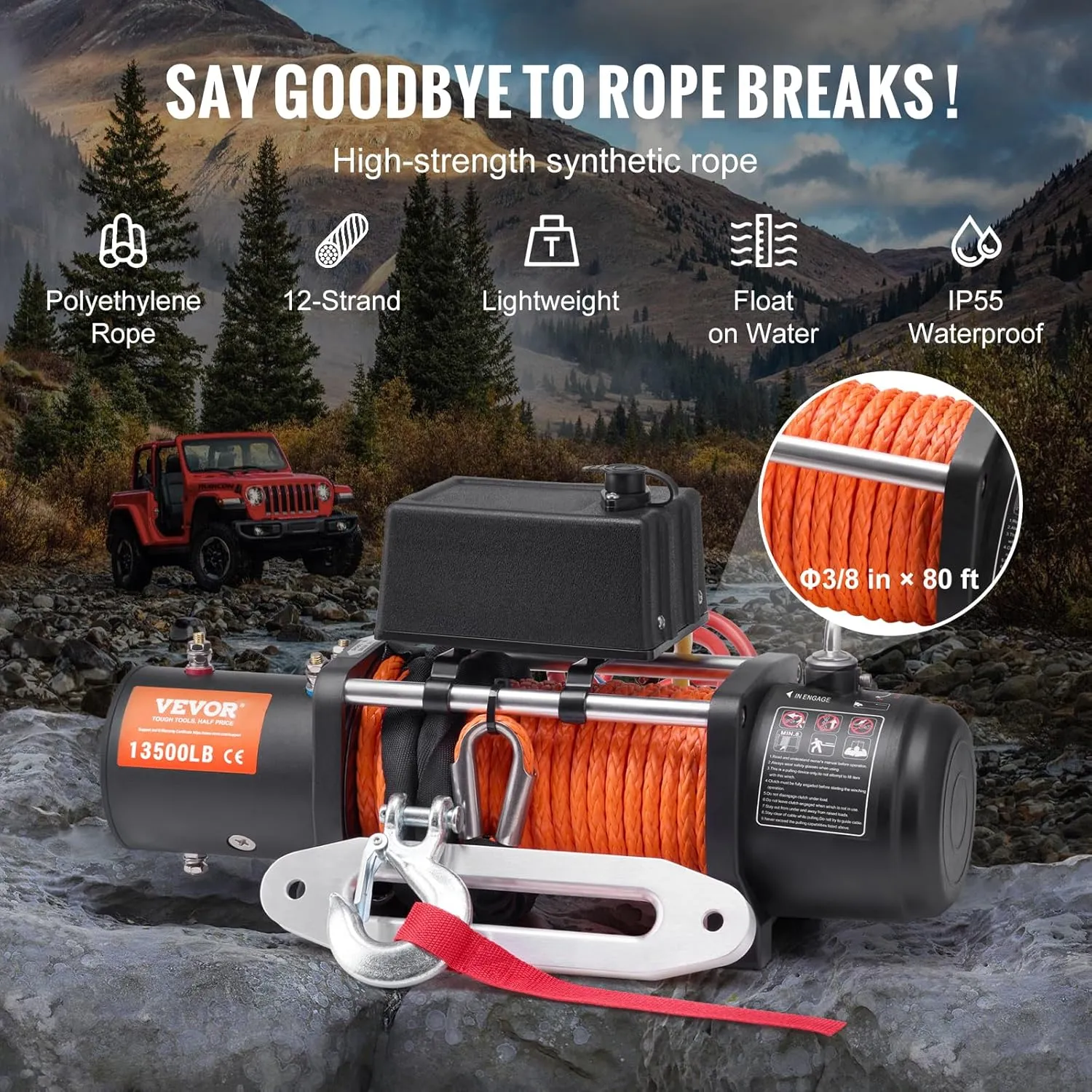 VEVOR Electric Winch, 13,500 lb, 12V DC Truck Winch with Φ3/8 in x 80 ft Synthetic Rope Aluminum Fairlead Wireless & Wired Remote Control, IP55 Waterproof for Towing Off-Road SUV Jeep Trailer Boat