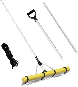 VEVOR Landscape Rake, 36" Head Aluminum Landscape Rake, Lake Weed Rake with 102.36" Adjustable Extension Handle, Rope and Float, for Loosening Soil, Lawn Care, Weeding Lake, Garden, Sliver