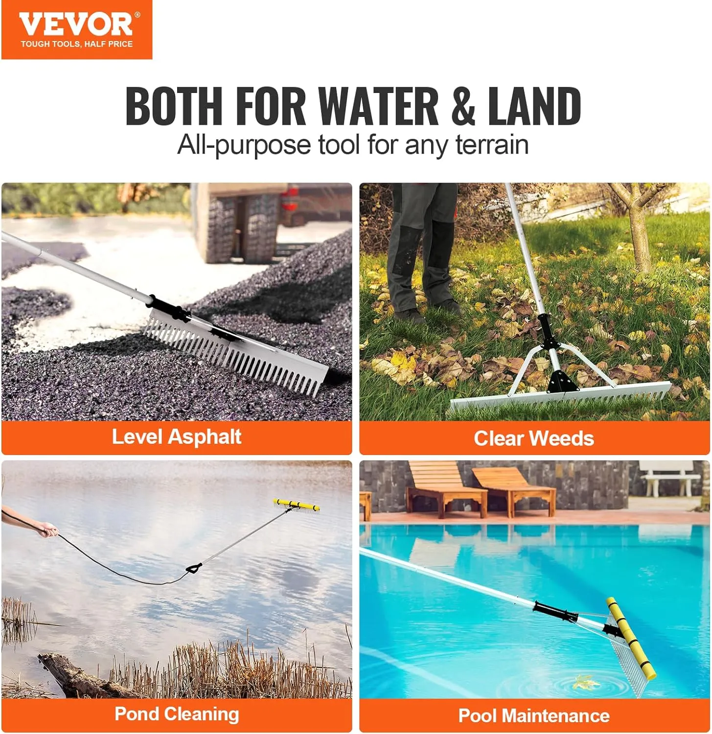 VEVOR Landscape Rake, 36" Head Aluminum Landscape Rake, Lake Weed Rake with 102.36" Adjustable Extension Handle, Rope and Float, for Loosening Soil, Lawn Care, Weeding Lake, Garden, Sliver