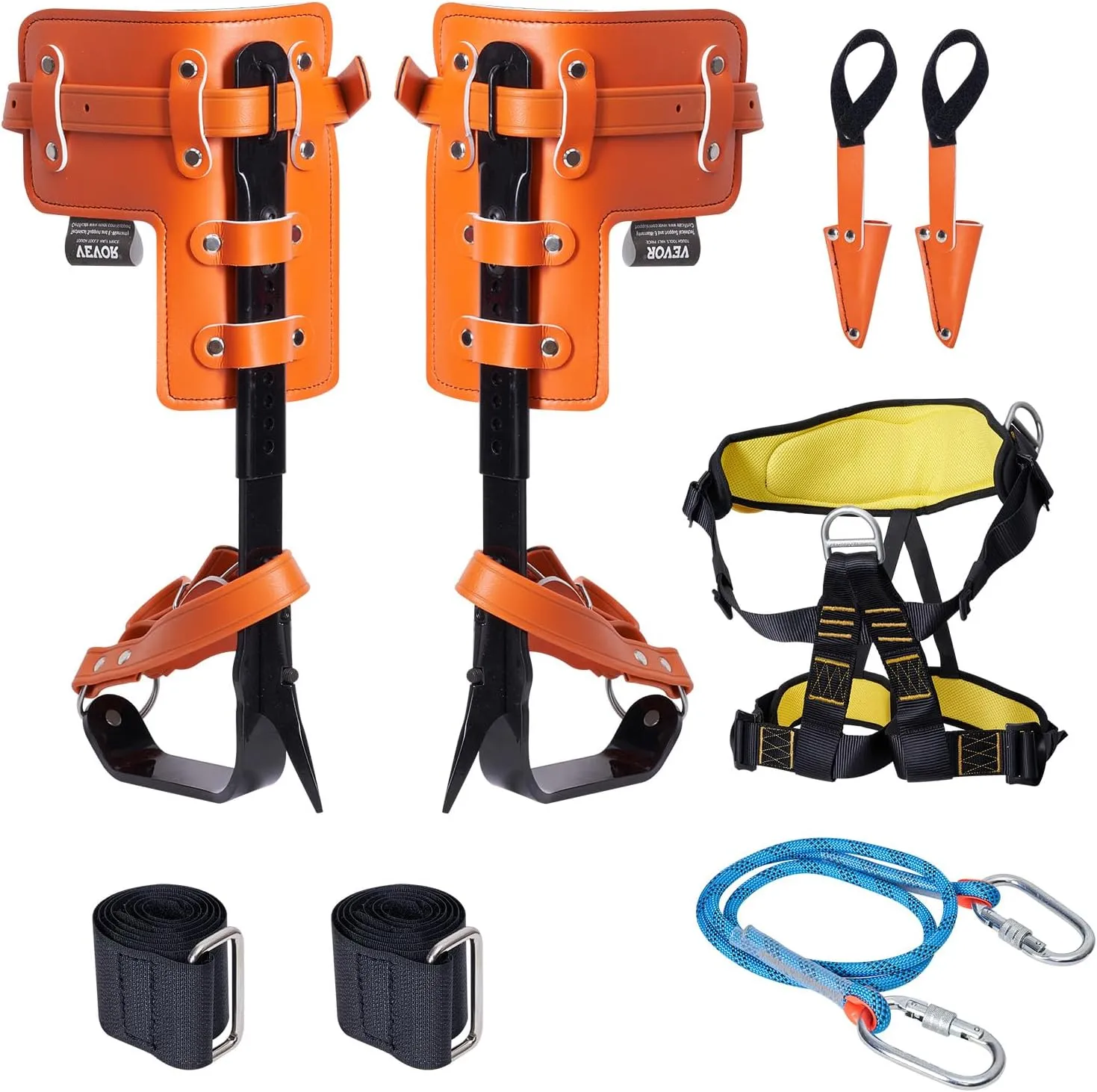 VEVOR Tree Climbing Spikes Set, 1 Pair Alloy Steel Climbing Spurs with Safety Rope and Safety Harness, 350lbs Load Capacity Tree Climbing Gear, Arborist Equipment for Climbers, Fruit Picking, Orange