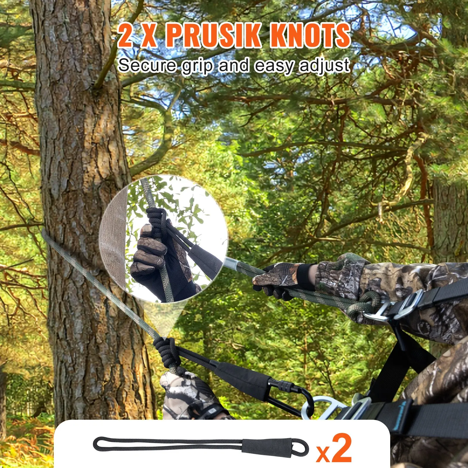 VEVOR Tree Stand Safety Rope, 9 ft/27.43M Treestand Lifeline Rope 30KN Breaking Tension, 0.6'' Hunting Safety Line with Prusik Knot, 2pcs Carabiner and Silencer, for Treestrap and Climbing