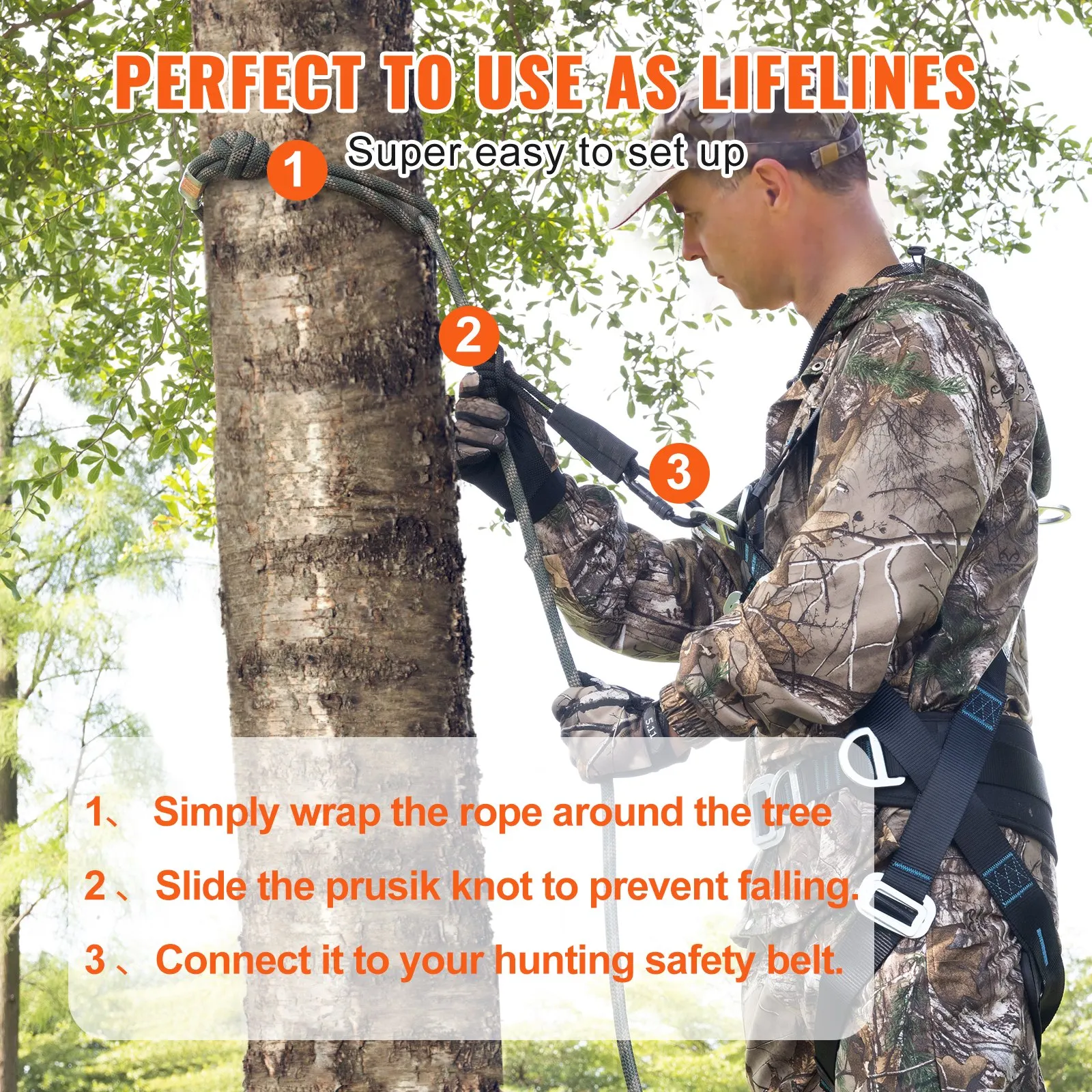 VEVOR Tree Stand Safety Rope, 9 ft/27.43M Treestand Lifeline Rope 30KN Breaking Tension, 0.6'' Hunting Safety Line with Prusik Knot, 2pcs Carabiner and Silencer, for Treestrap and Climbing
