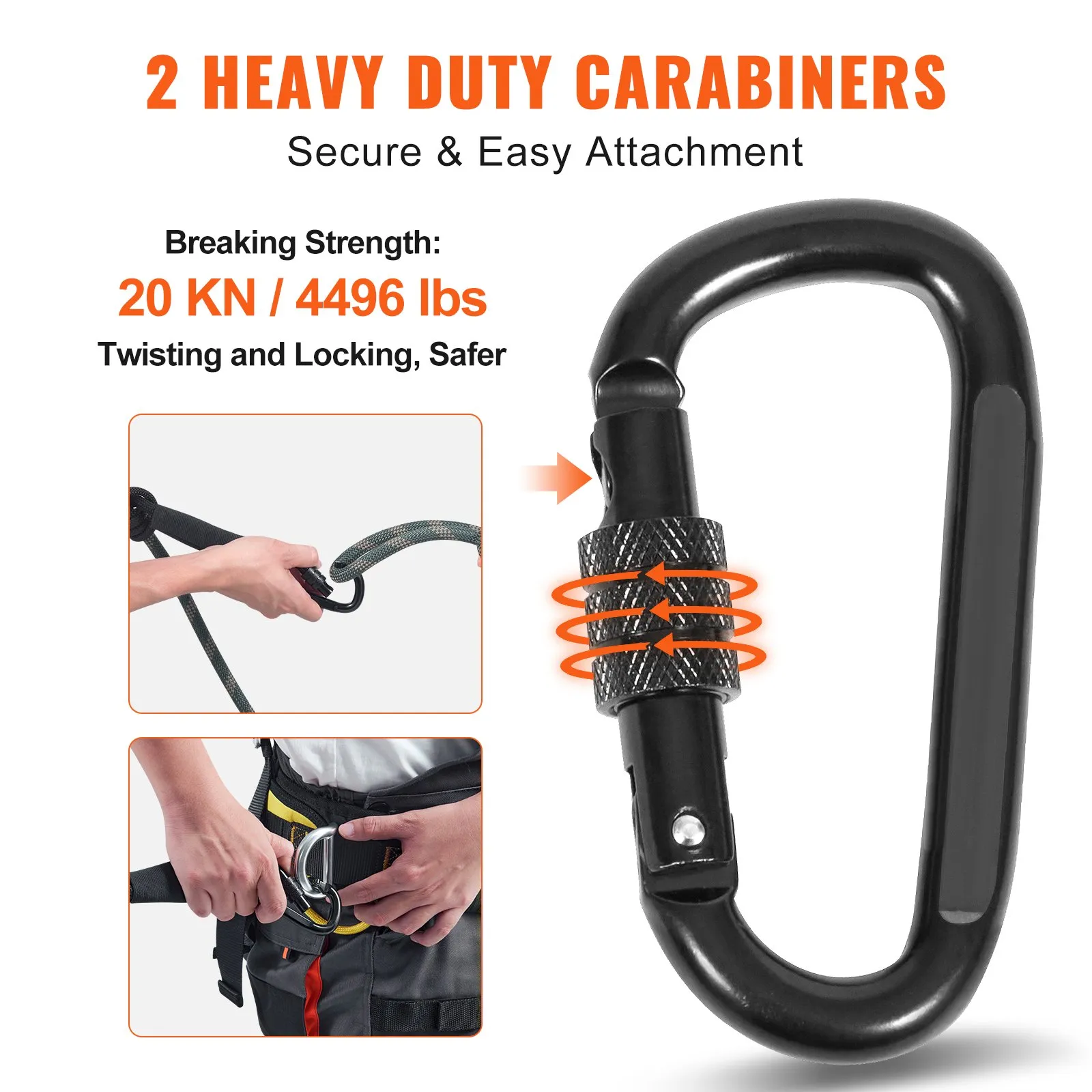 VEVOR Tree Stand Safety Rope, 9 ft/27.43M Treestand Lifeline Rope 30KN Breaking Tension, 0.6'' Hunting Safety Line with Prusik Knot, 2pcs Carabiner and Silencer, for Treestrap and Climbing