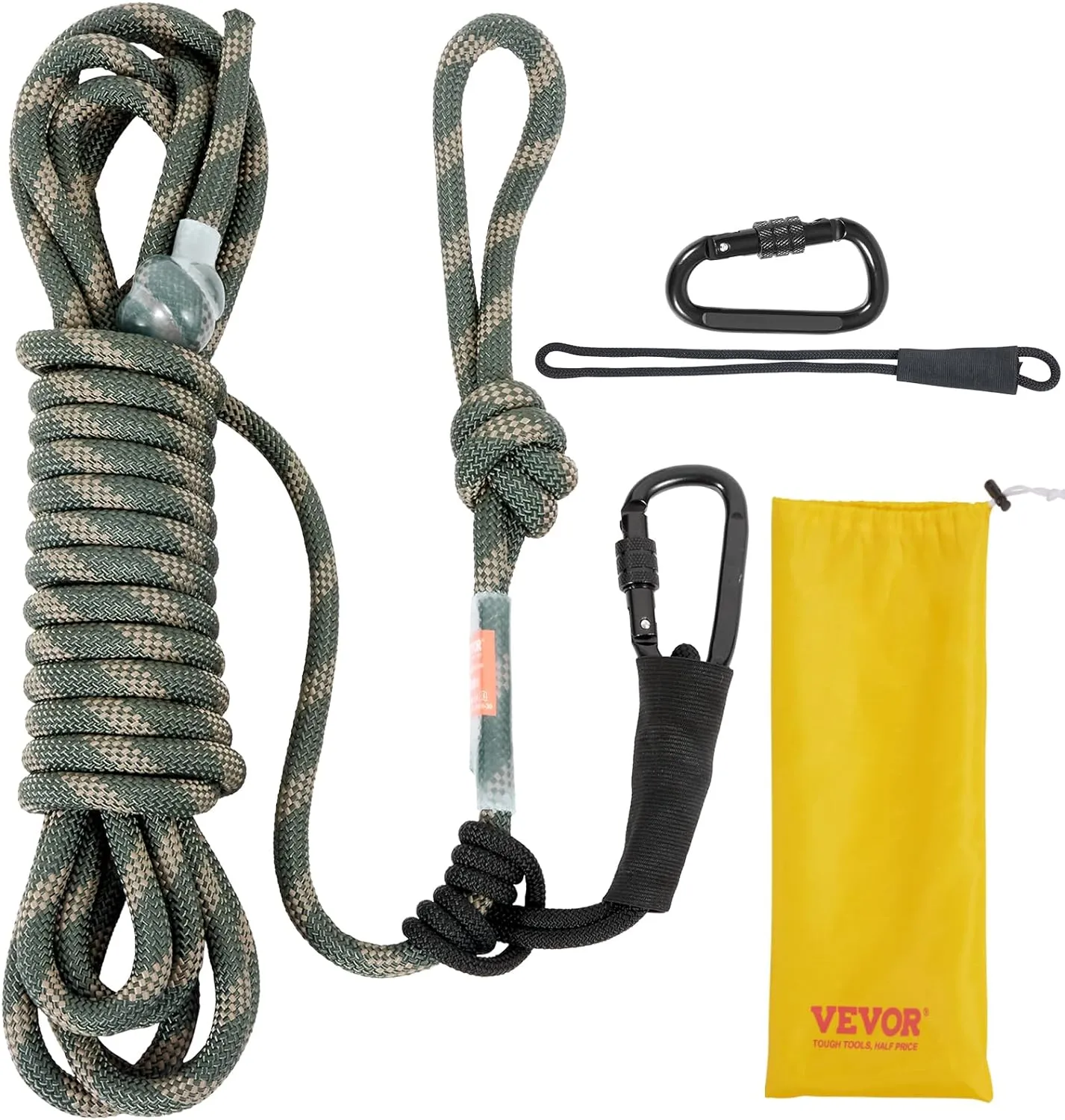 VEVOR Tree Stand Safety Rope, Treestand Lifeline Rope 30KN Breaking Tension, 0.6'' Hunting Safety Line with Prusik Knot, 2pcs Carabiner and Silencer, for Treestrap and Climbing