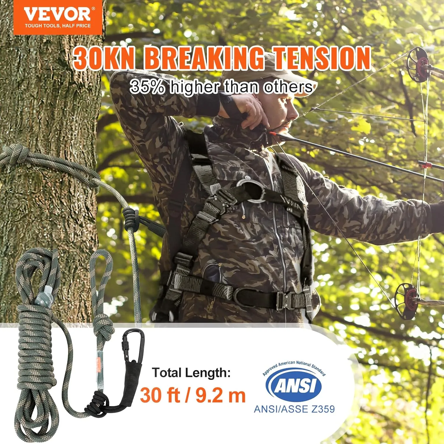 VEVOR Tree Stand Safety Rope, Treestand Lifeline Rope 30KN Breaking Tension, 0.6'' Hunting Safety Line with Prusik Knot, 2pcs Carabiner and Silencer, for Treestrap and Climbing