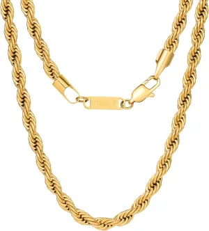 VEXXS Rope Chain,18K Real Gold Plated Rope Necklace Gold Chain, Durable No Color Fading 3/5mm Cuban Link Chain Men’s Necklace
