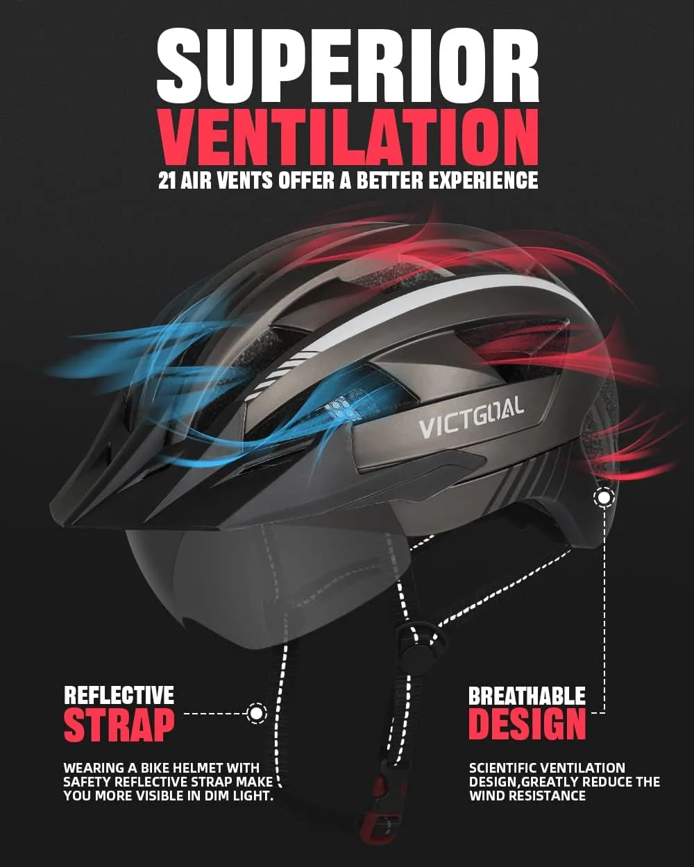 VICTGOAL Bike Helmet with USB Rechargeable Rear Light Detachable Magnetic Goggles Removable Sun Visor Mountain & Road Bicycle Helmets for Men Women Adult Cycling Helmets