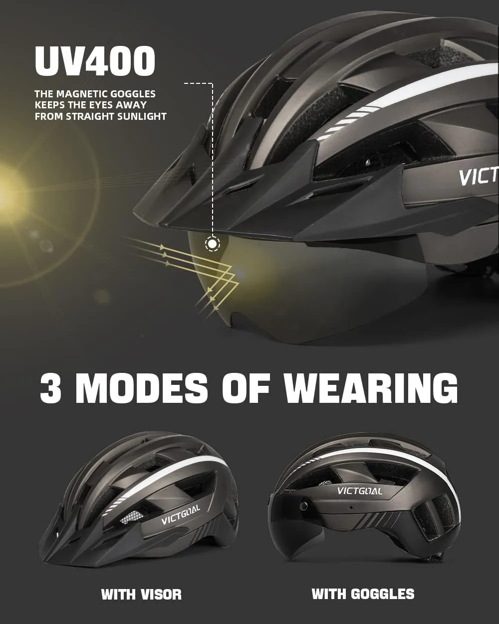 VICTGOAL Bike Helmet with USB Rechargeable Rear Light Detachable Magnetic Goggles Removable Sun Visor Mountain & Road Bicycle Helmets for Men Women Adult Cycling Helmets